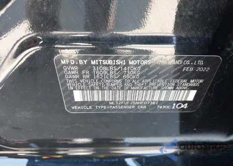 2022 Mitsubishi Mirage G4 Le z USA, uszkodzony, nr VIN ML32FUFJ5NHF07361